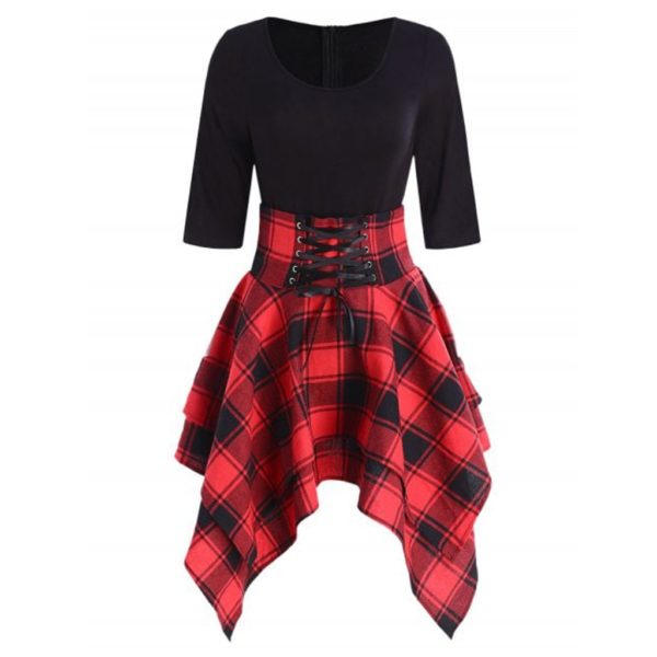Jesenné šaty s kockovanú sukňou - Red, Xxl