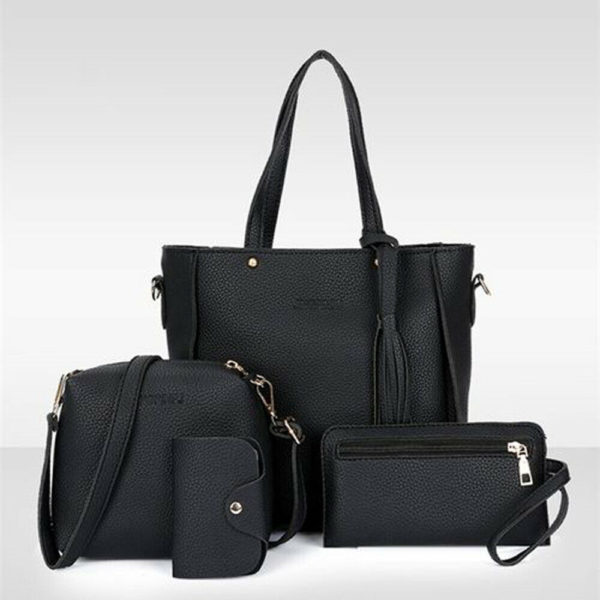 Štvordielna luxusné jednofarebná kabelka - Cerna