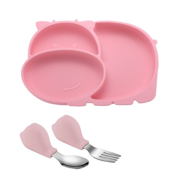 Detská silikónová sada na kŕmenie v tvare kravičky - tanier + príbor - Pink-496